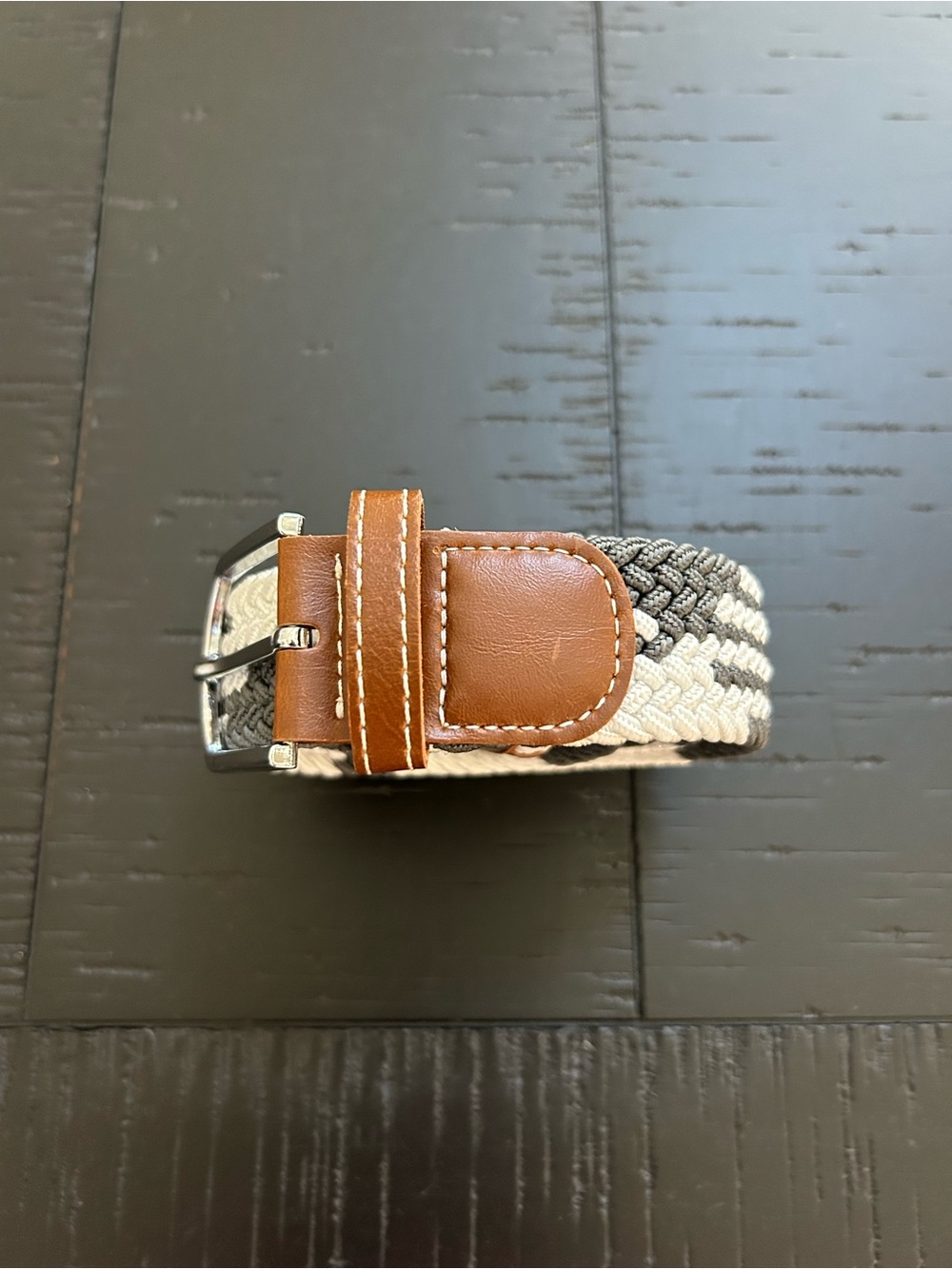 Men's Woven Stretch Belt with Brown Leather Trim